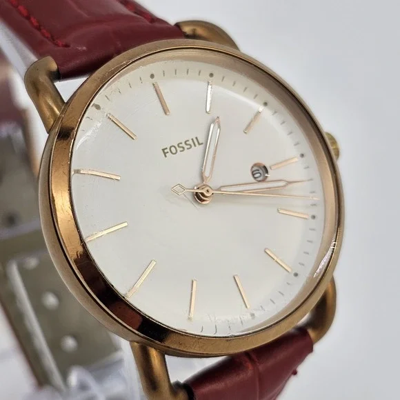 Fossil Women Watch 34MM Gold Dial Date New Red Leather Bands New Battery - Picture 6 of 16